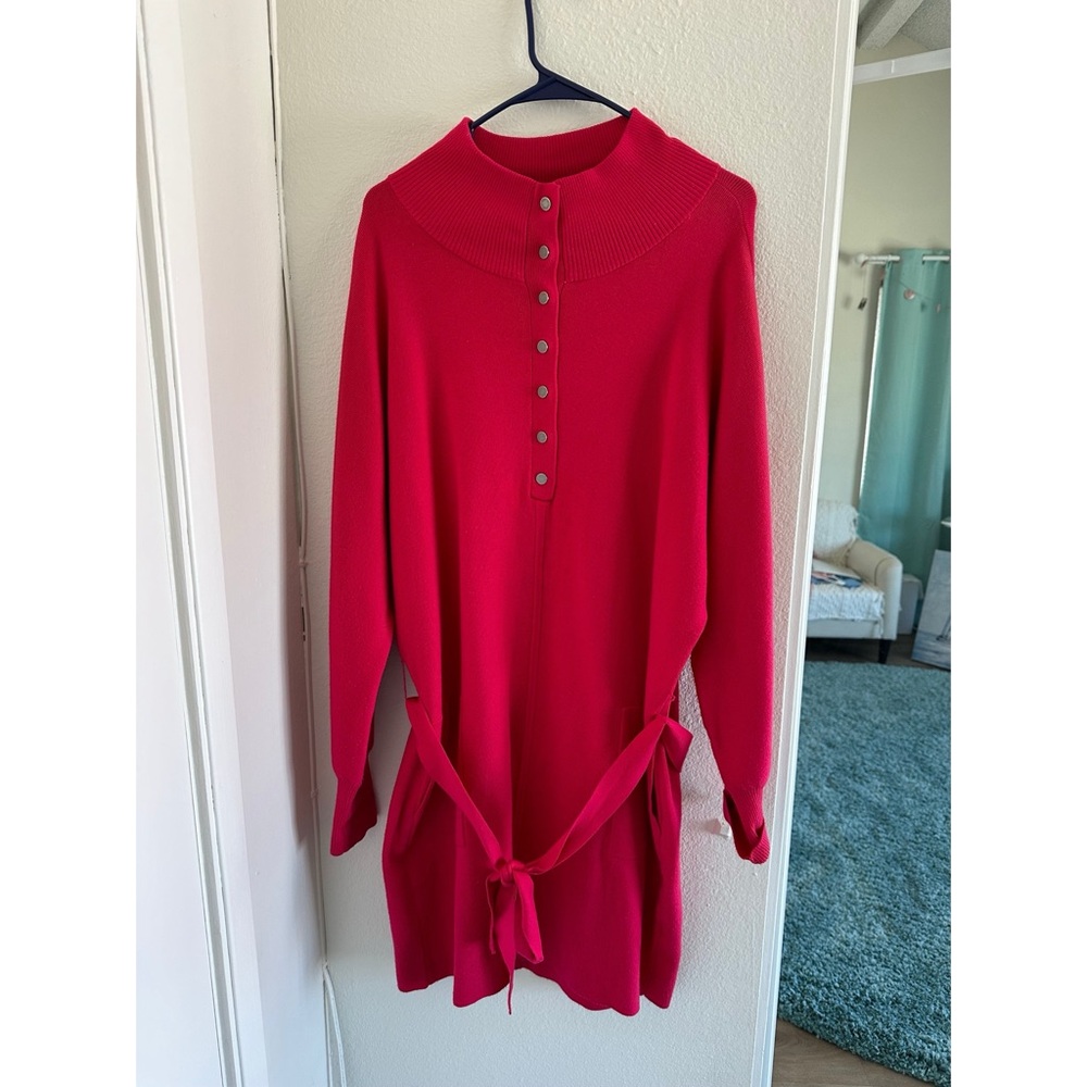 Daily Practice Red Belted Sweater Dress – Ribbed Collar, Size M